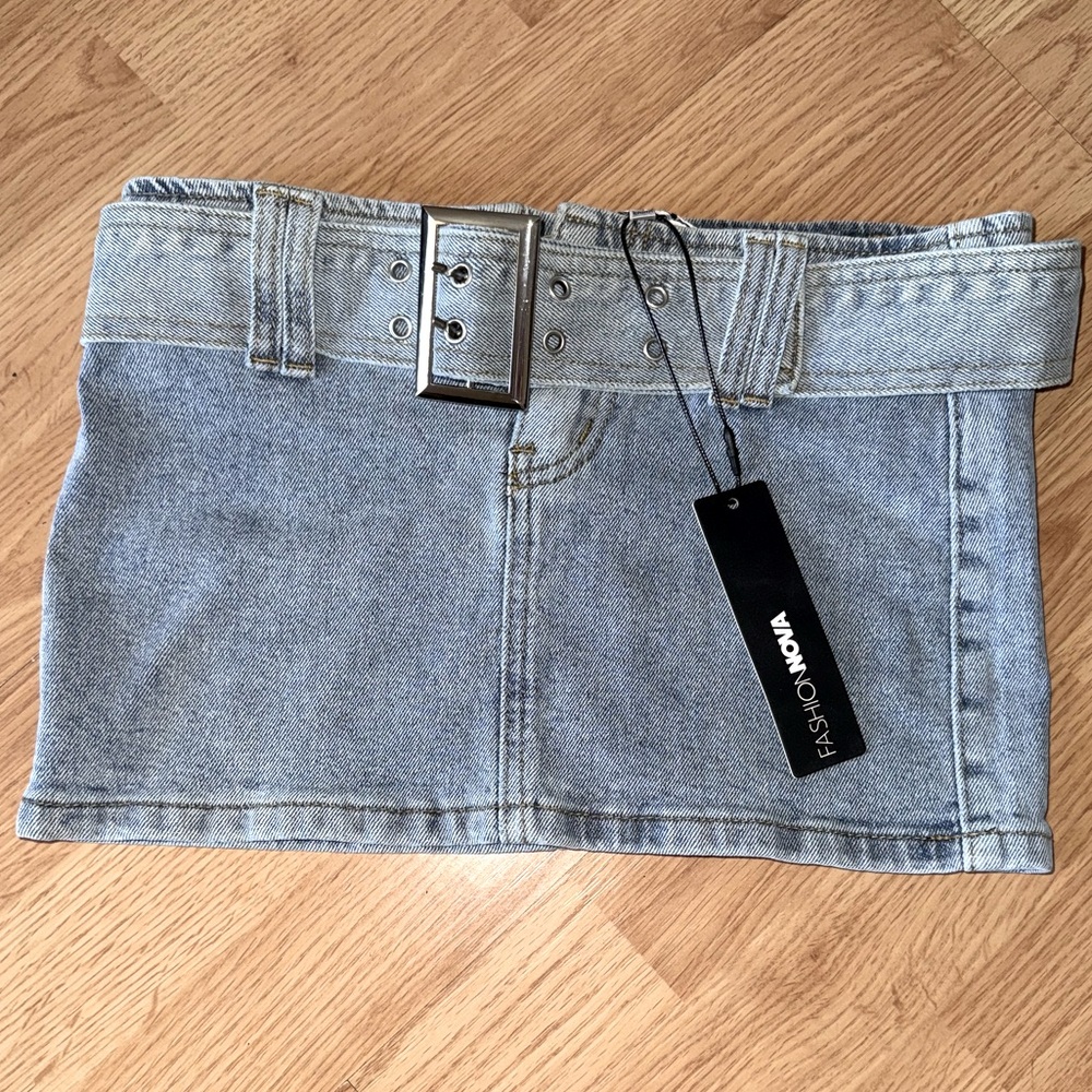 Fashion Nova Belted Y2K Mini Denim Skirt